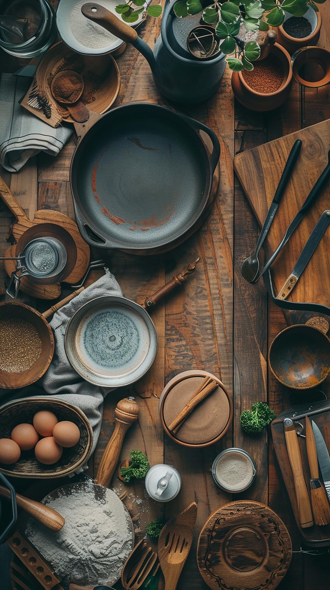 Laboratorio di cucina con superfici in legno e attrezzi professionali