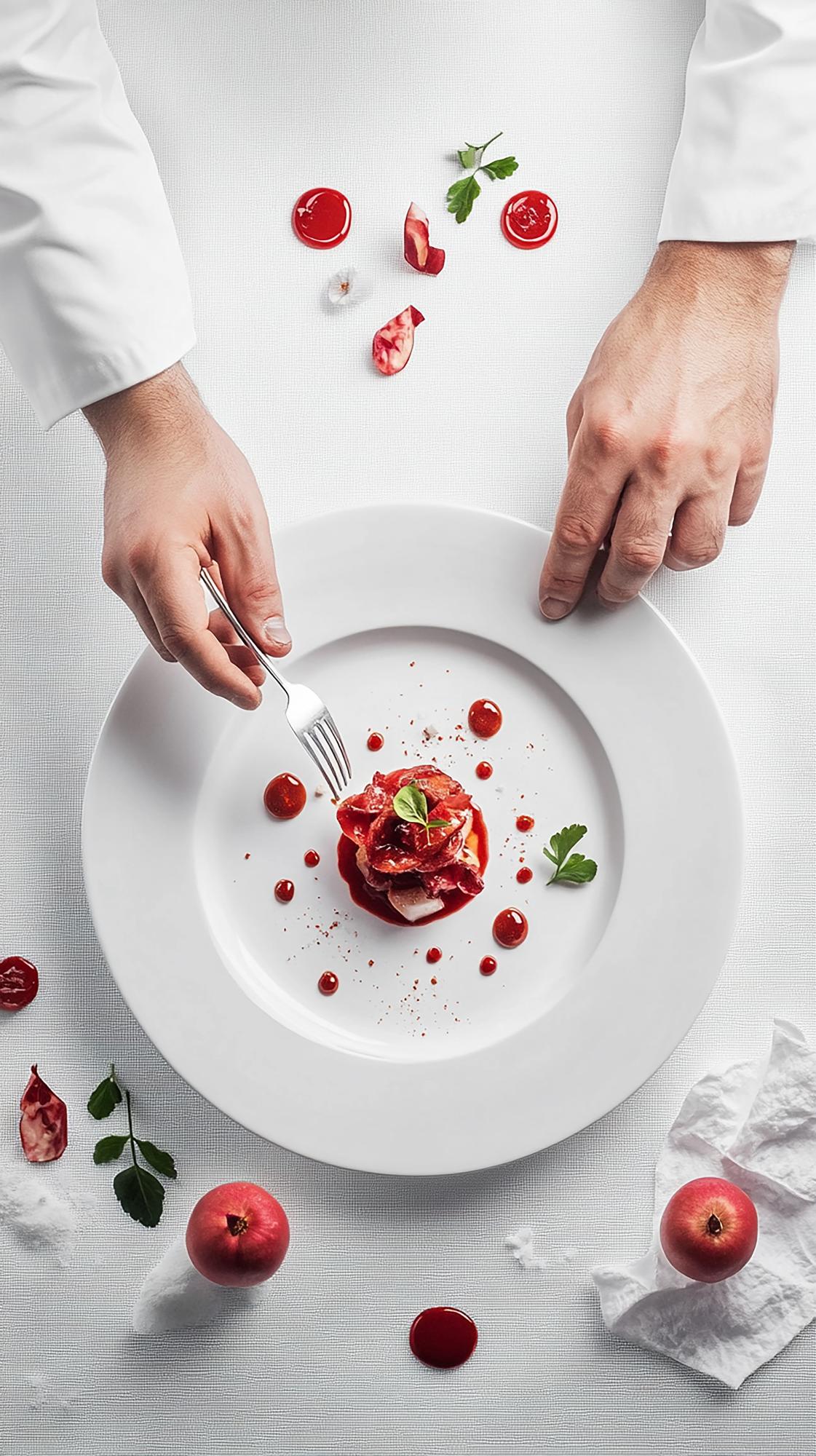 Impiattamento elegante su piatto bianco